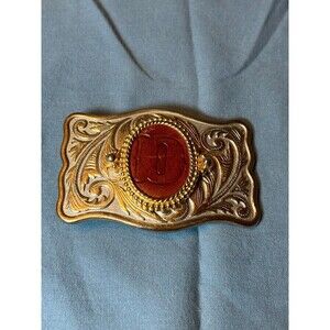 Belt Buckle Gold Tone with Stamped Leather Letter D
